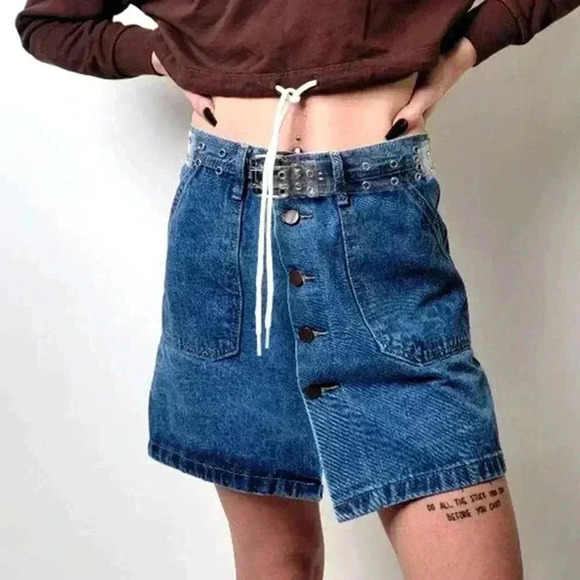 Button Front Deep Patch Pocket Denim Jean Mini Skirt - S - Picture 1 of 8